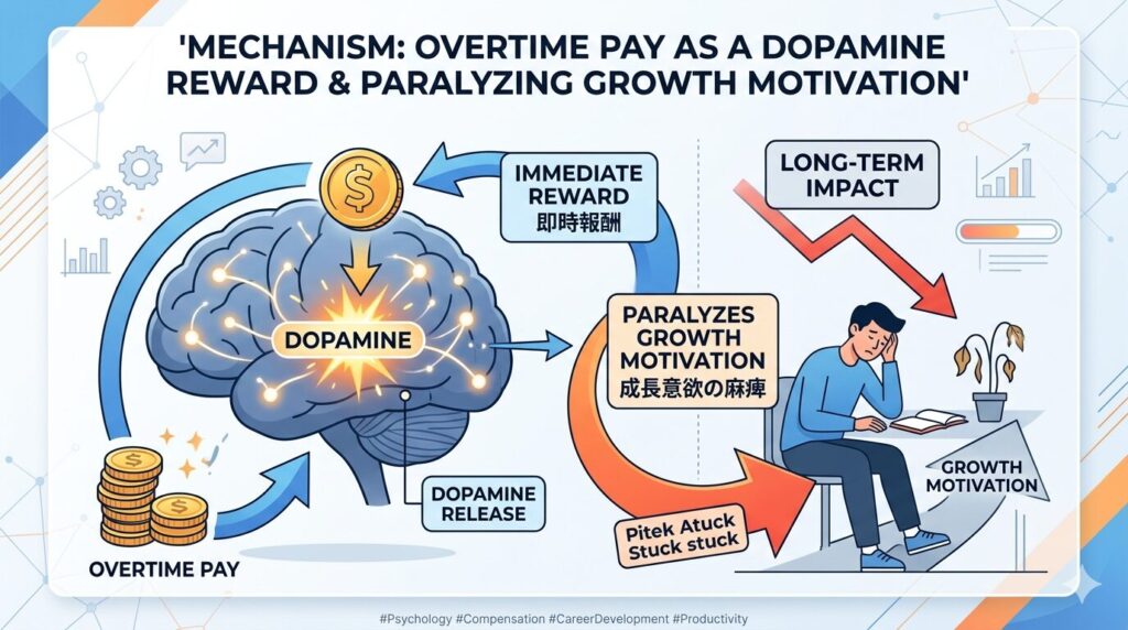 残業代がドーパミン報酬として機能し、成長への意欲を麻痺させる仕組みの図解