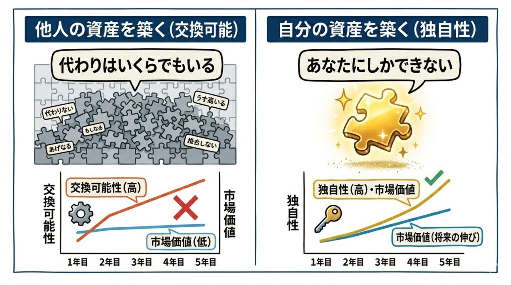誰にでもできる仕事と、自分にしかできない仕事（非代替性）をパズルのピースで表現した図解