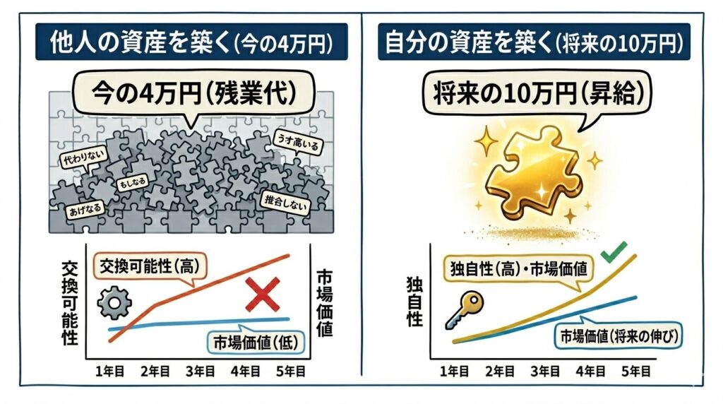 今の4万円（残業代）と将来の10万円（昇給）の「期待値の差」を天秤にかけたイラスト