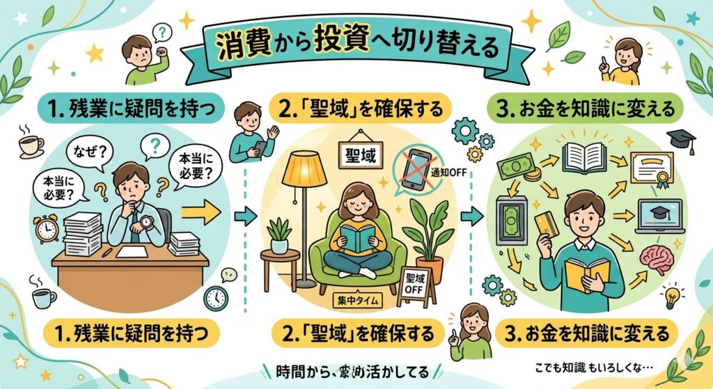 時間を「消費」するのではなく「投資」へ切り替える3つのステップのまとめ図