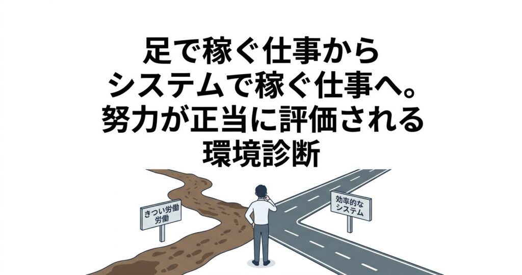泥臭い労働か、効率的な仕組みか。岐路に立つ人物のイラスト