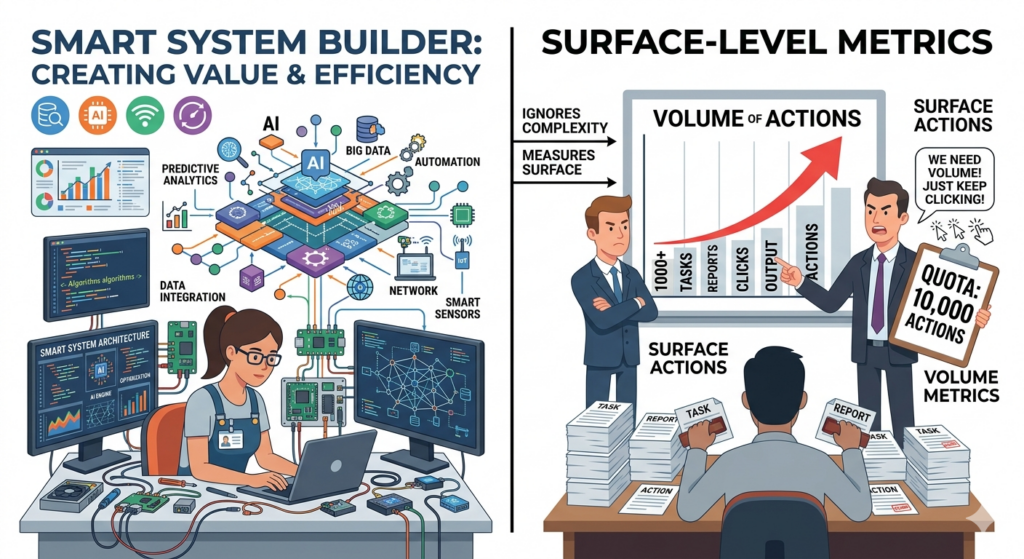 仕組み化の成果と古い評価基準のギャップを示すイラスト