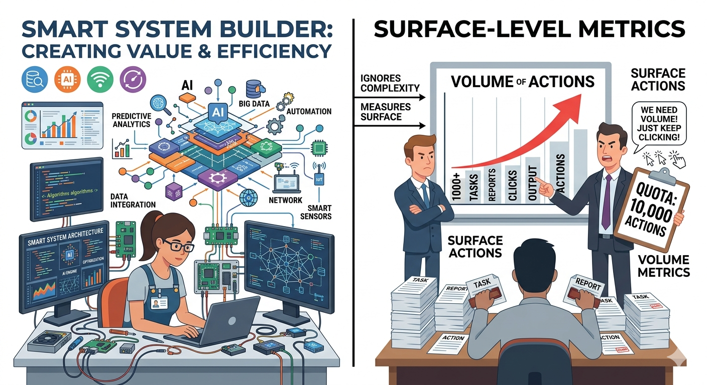 仕組み化の成果と古い評価基準のギャップを示すイラスト