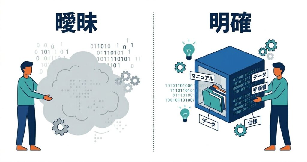 曖昧な伝承(雲)と明確な言語化(箱)の対比図