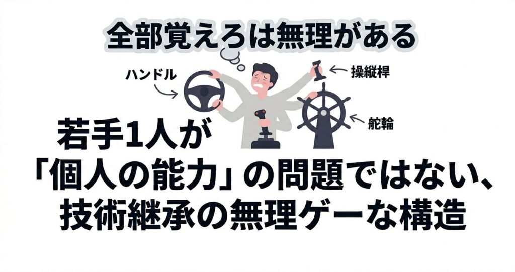 車・飛行機・船の操縦を同時に要求される無理を描いた比喩図