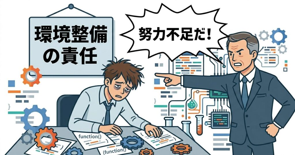 精神論(努力不足というレッテル)と管理職の職務放棄の関係を示す図解