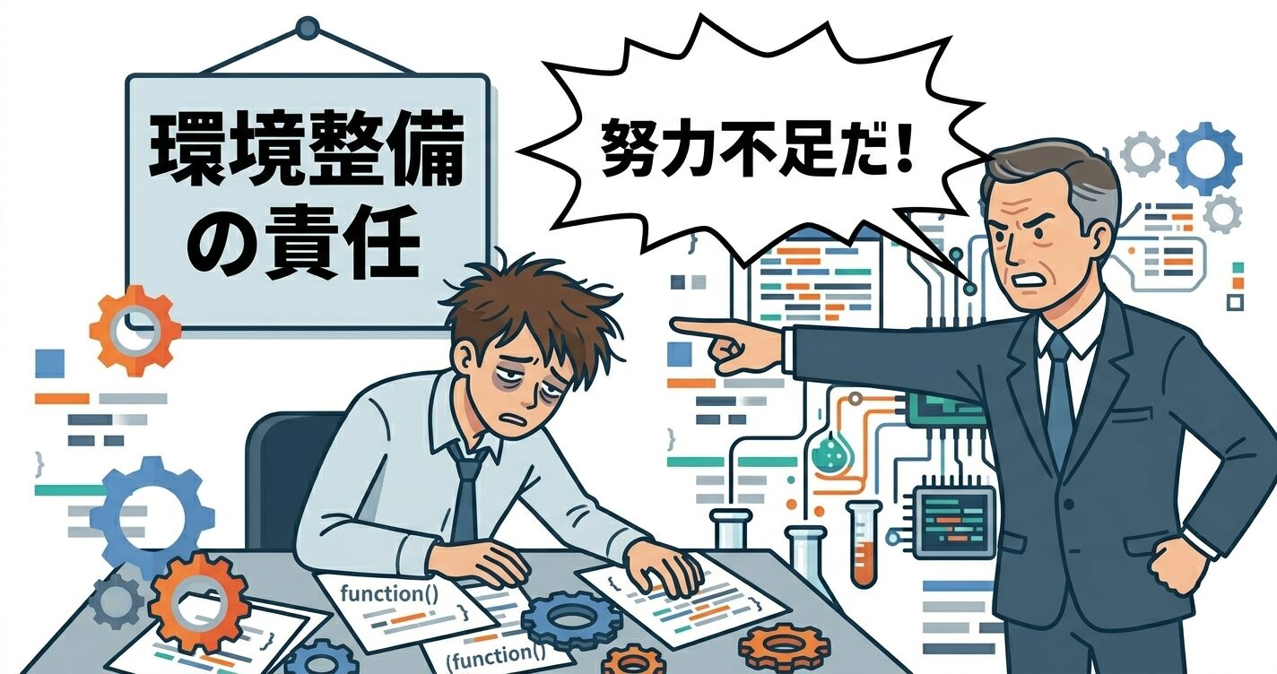 精神論（努力不足というレッテル）と管理職の職務放棄の関係を示す図解