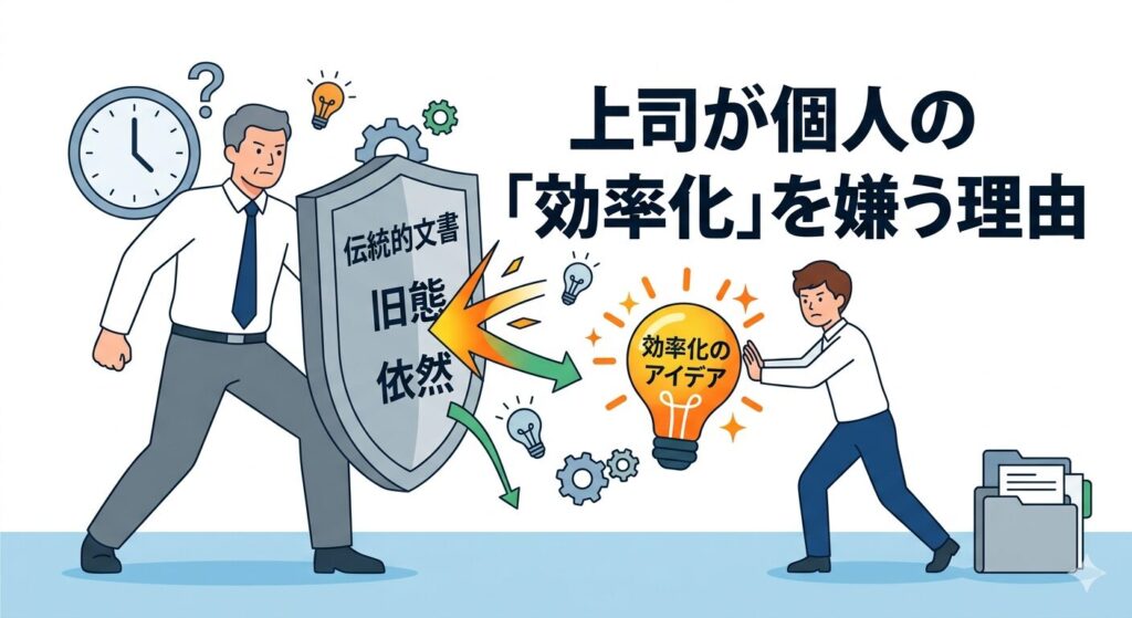 革新的なアイデアを古い書類の盾でブロックする管理職のイラスト