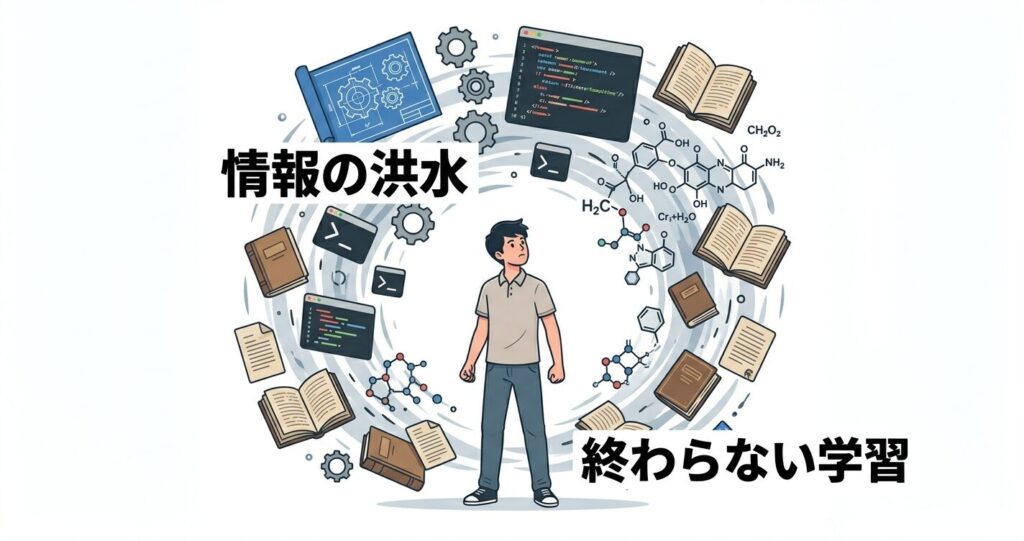 情報の洪水に溺れそうになっている若手エンジニアのイメージ図