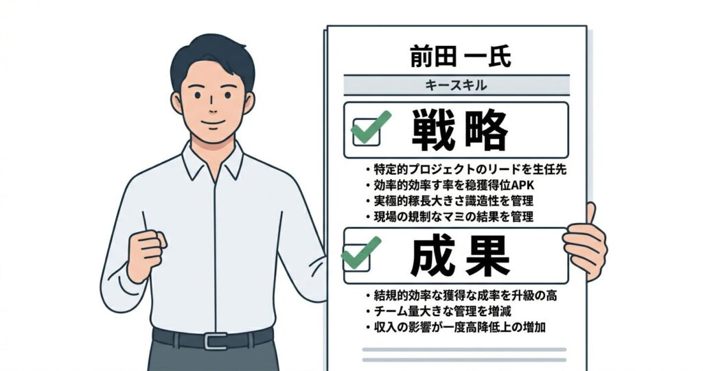 戦略と成果を強調した新しい職務経歴書を持つ人物