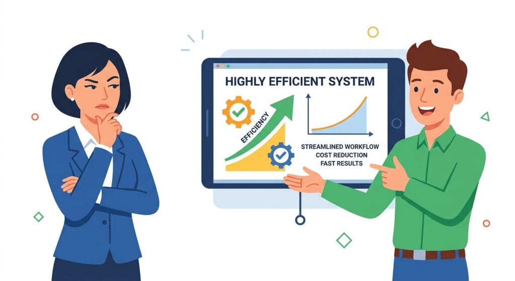 効率的な提案に対して警戒心を抱く上司の表情