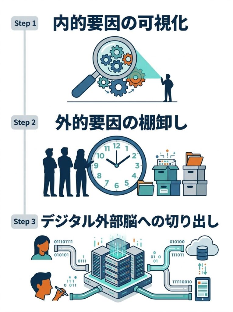 技術を資産に変える3つのステップのインフォグラフィック
