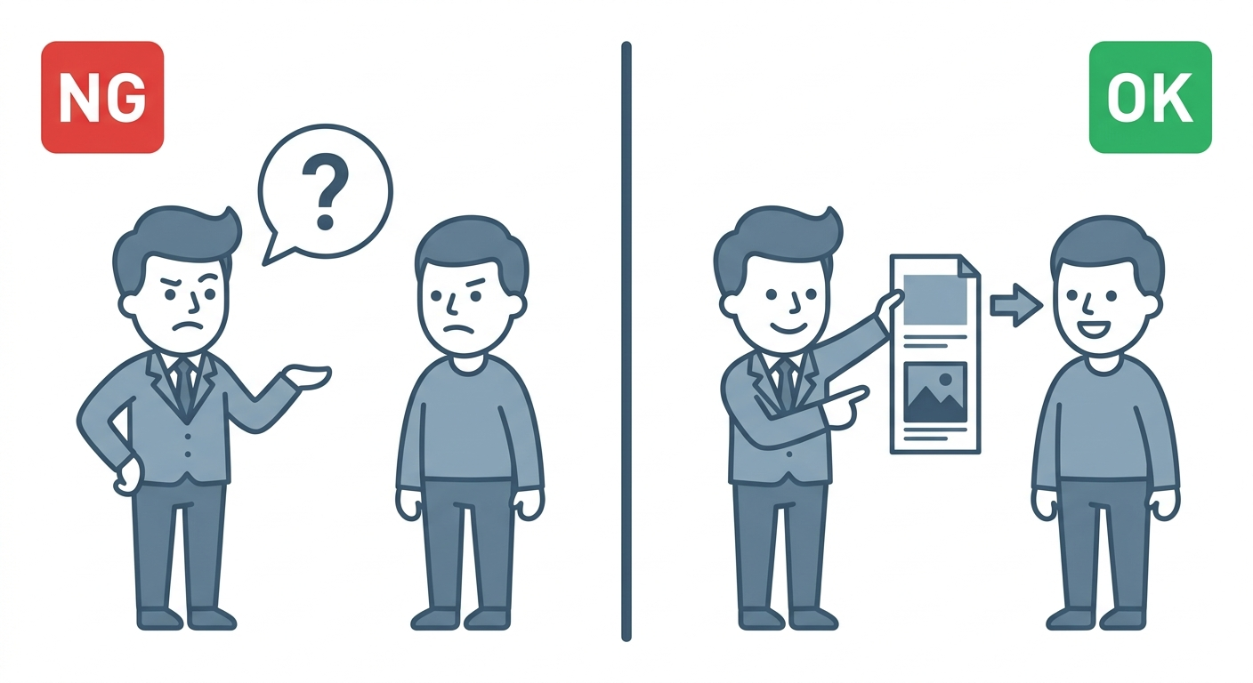 「それでいいの？」という曖昧な問いかけと「このようにしてください」という直接指示の比較図