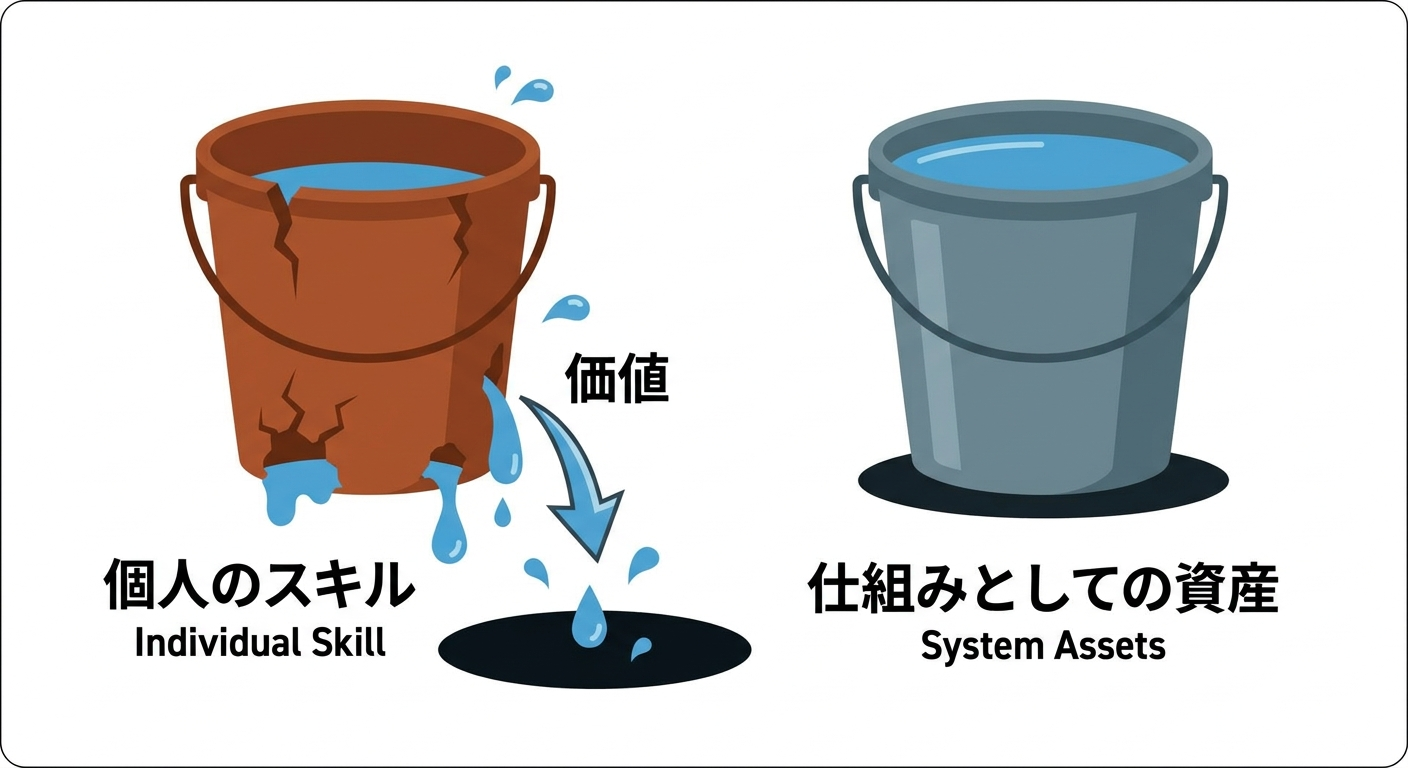 スキルの負債化（穴の空いたバケツ）を示す図解