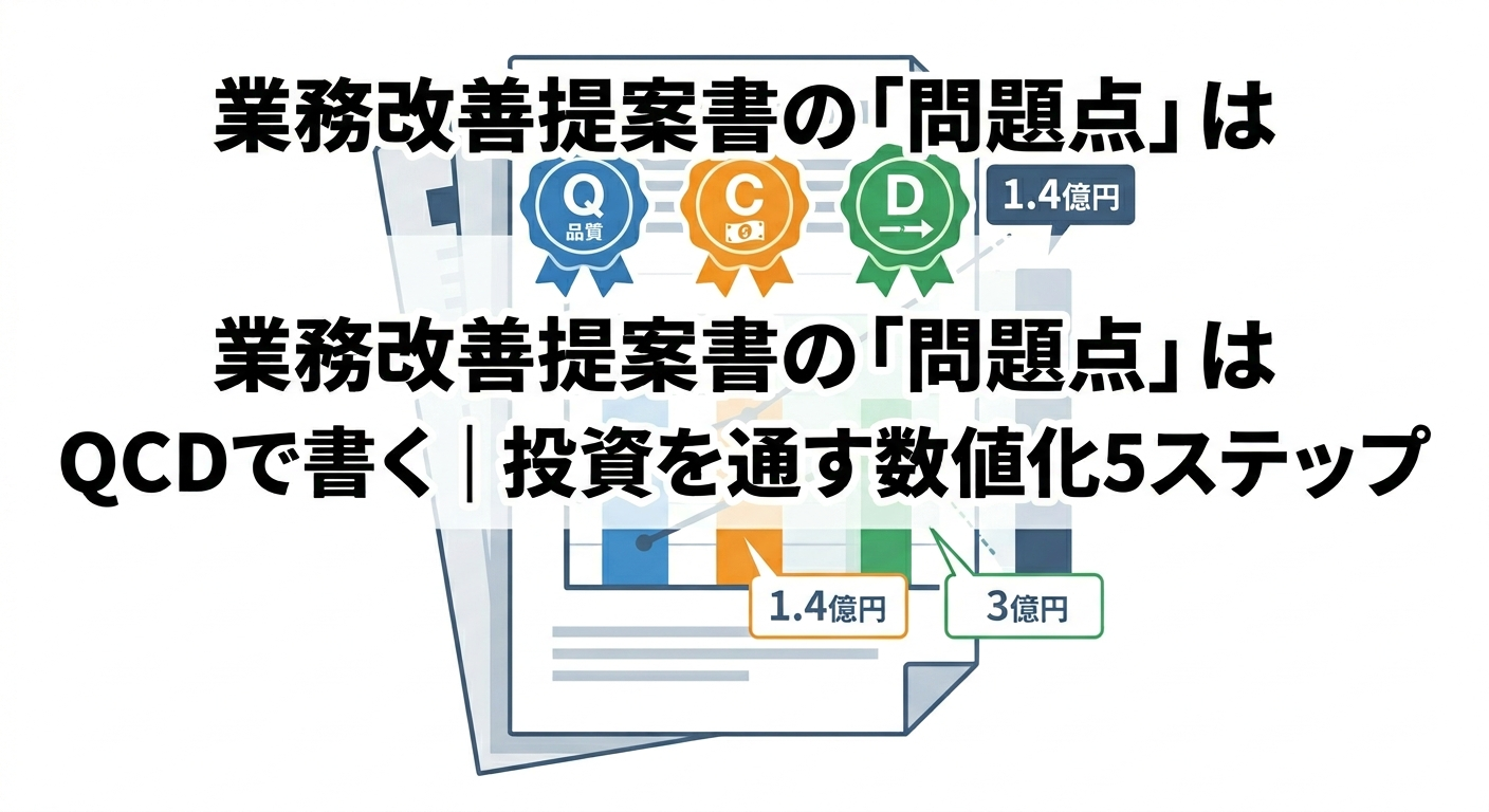 業務改善提案書の問題点をQCDフレームで数値化する5ステップを示すアイキャッチ画像