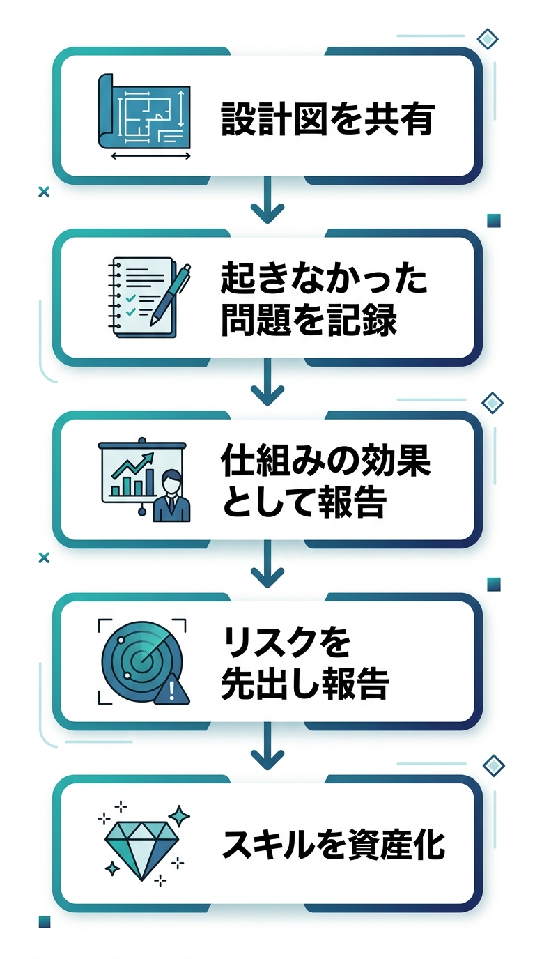 マネジメント成果を可視化する5つのステップのフレームワーク図