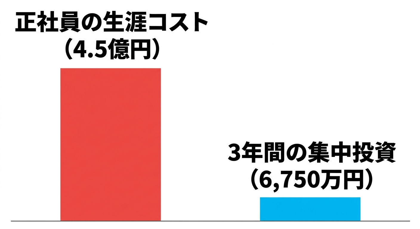 正社員の生涯コスト（4.5億円）と、3年間の集中投資（6,750万円）の圧倒的なROIの差を比較したバーチャート