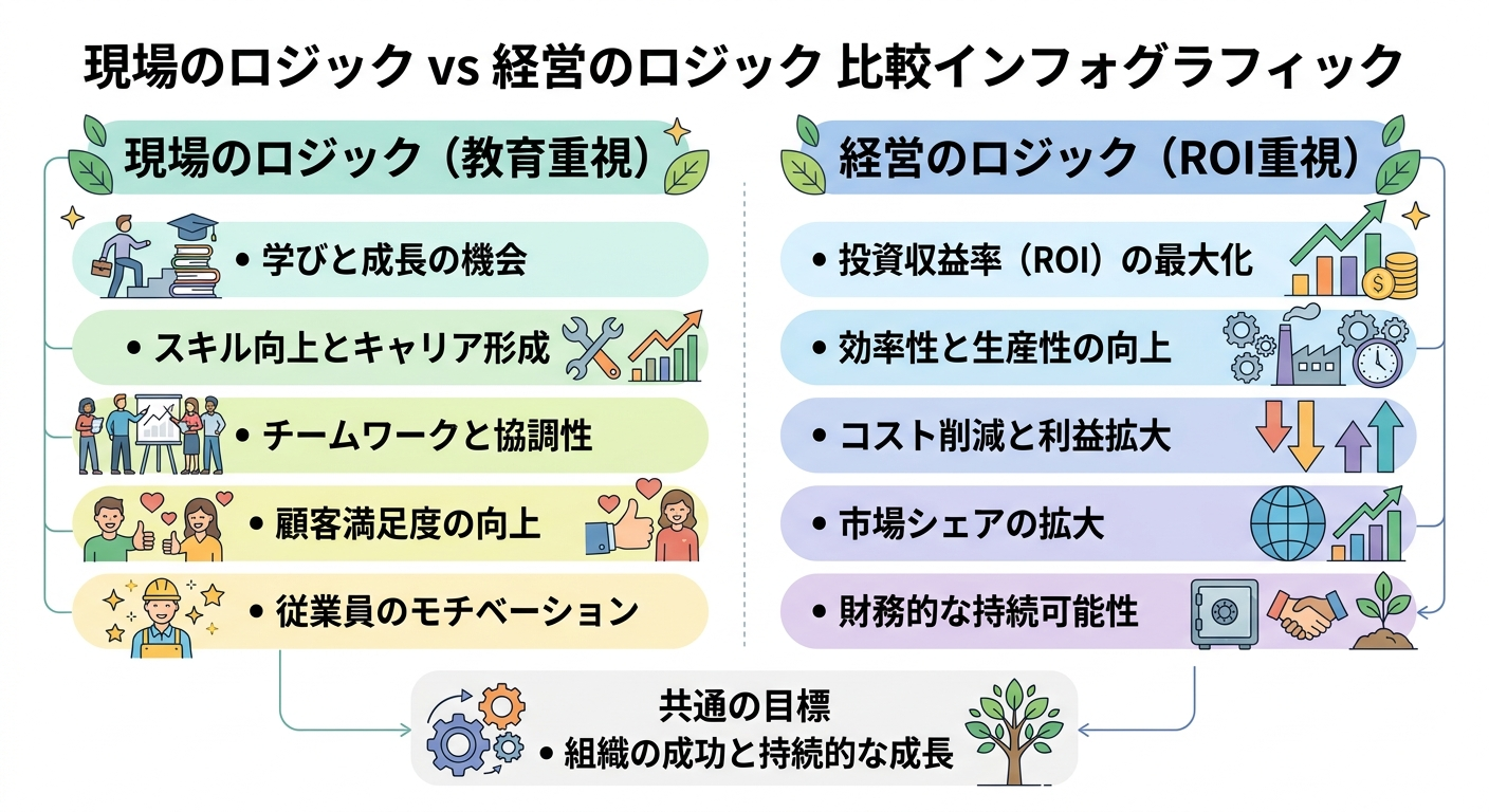 現場の教育の論理と経営層の数字の論理のミスマッチ図解