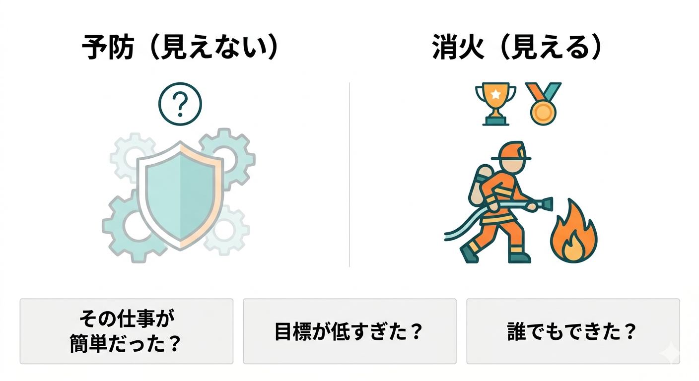問題予防と問題解決の可視性の差を示す構造図──消防士の比喩を用いた解説