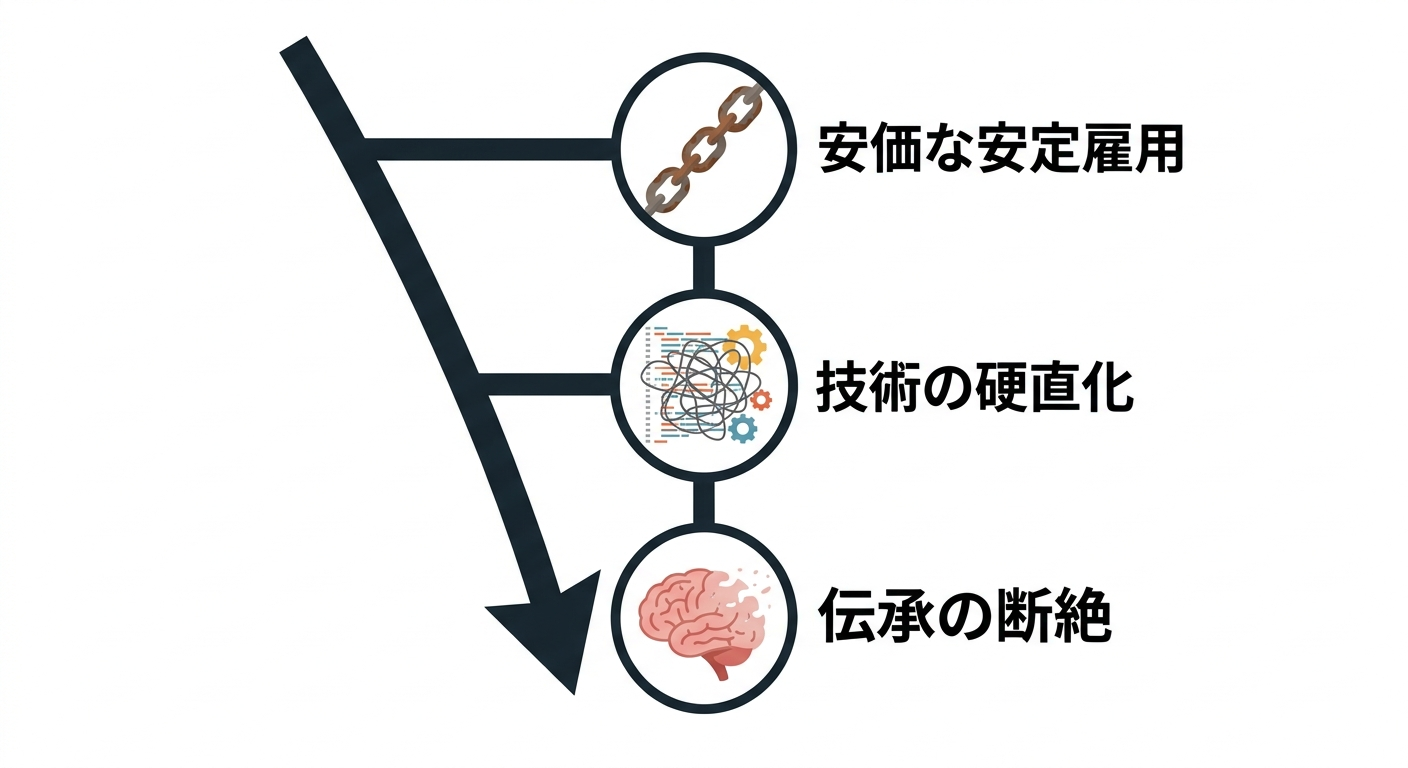 「安価な安定雇用」が招く技術の硬直化と伝承の断絶を示す、負のスパイラルのインフォグラフィック