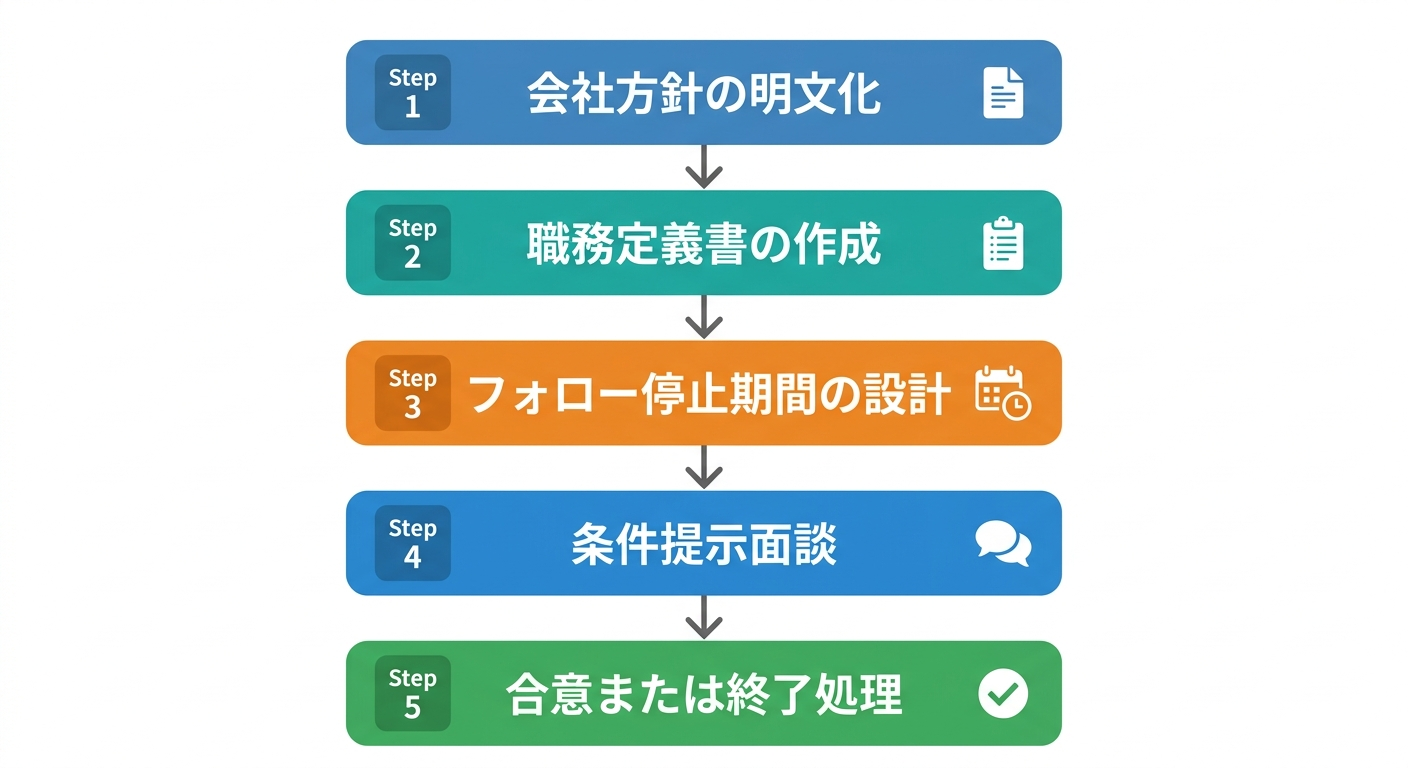 定年後再雇用の5ステップ面談フロー（会社方針明文化から合意・終了処理まで）