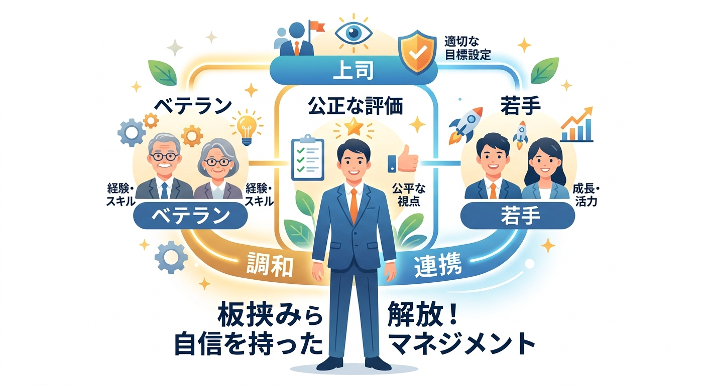 板挟みから解放され、三者が調和する様子を示すイラスト