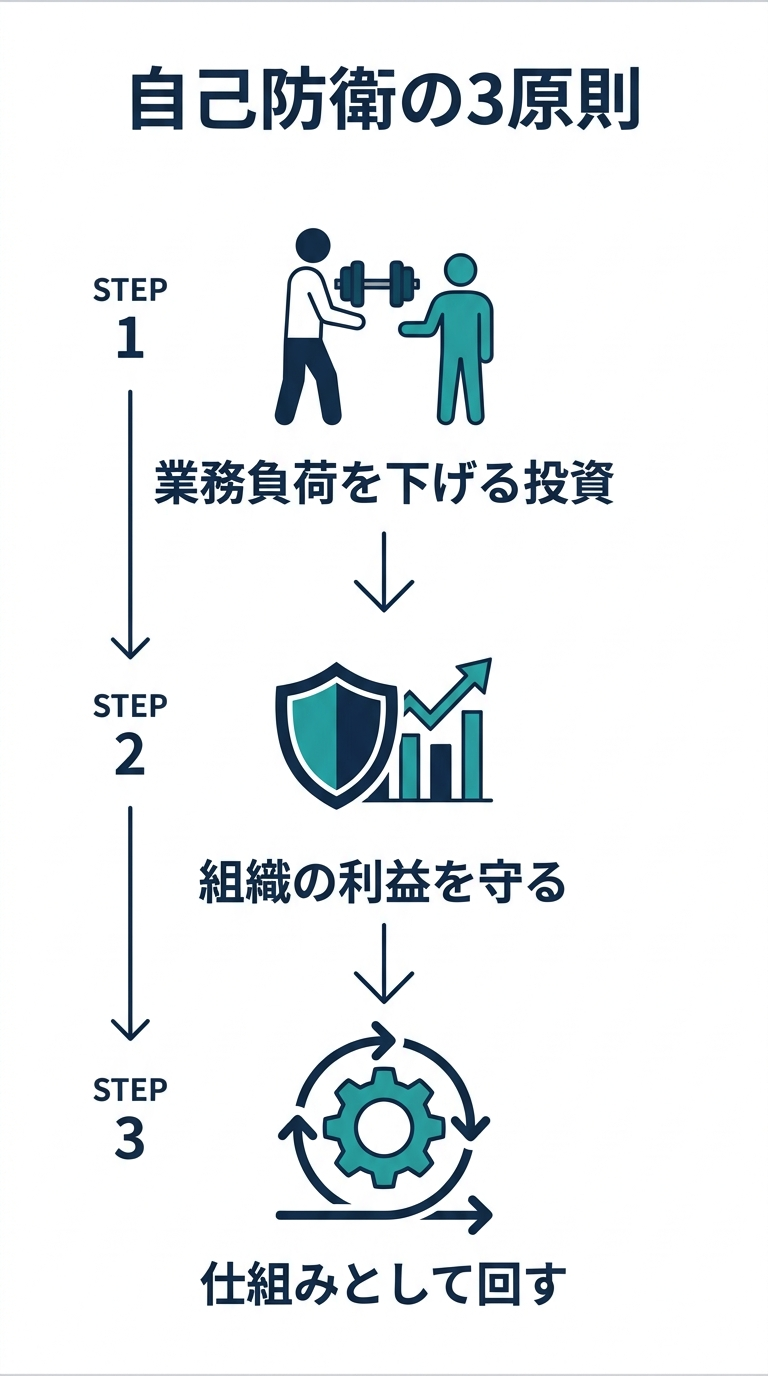 技術伝承を自己防衛策として再定義する3つの原則の図解