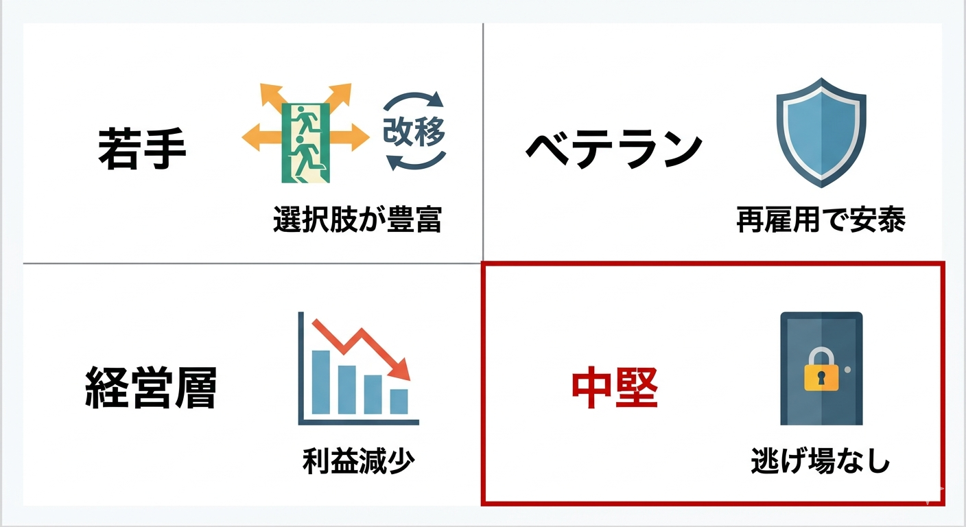 技術伝承における若手・ベテラン・経営層・中堅の利害構造を比較した図解