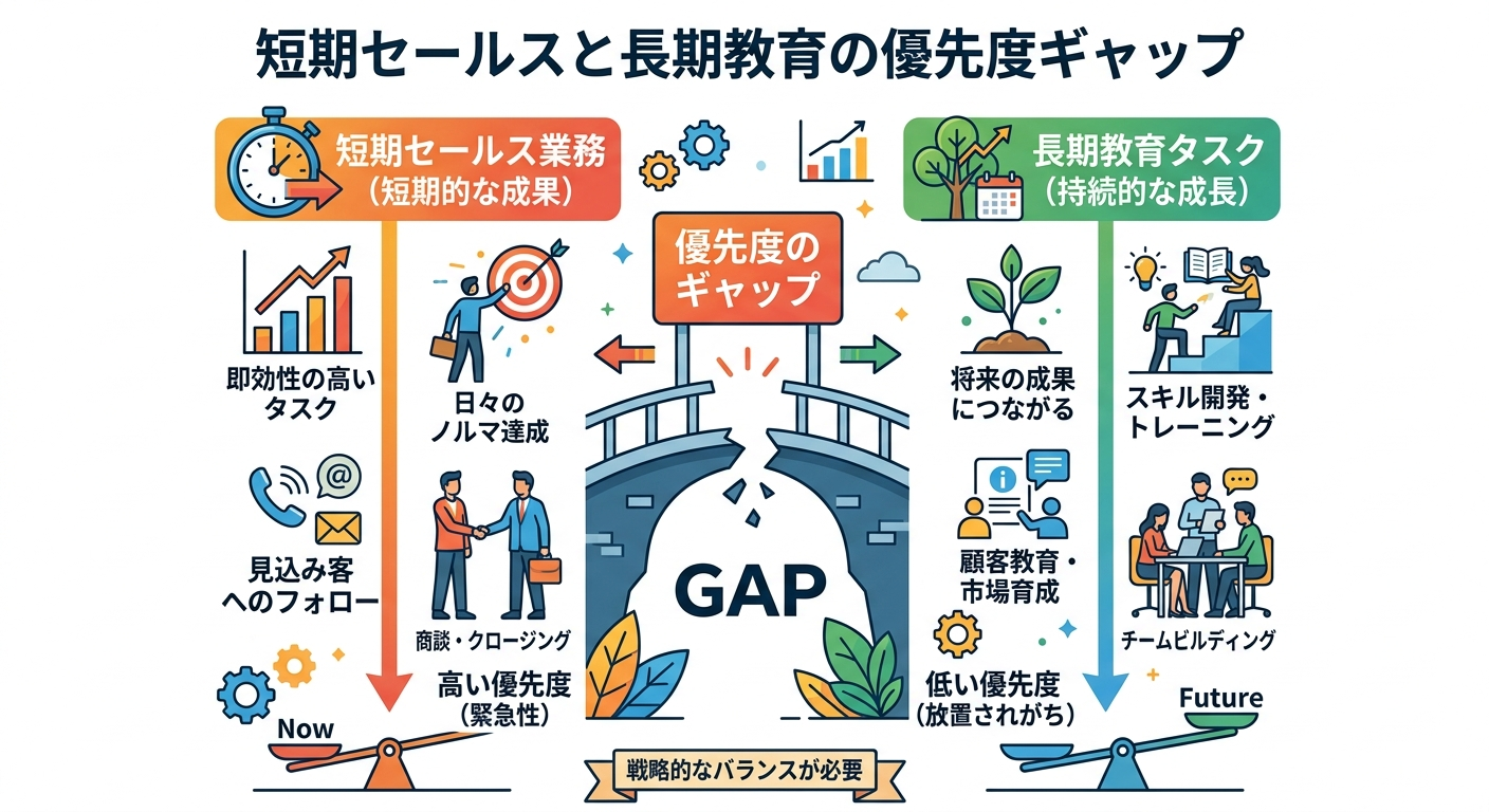 技術伝承が本業と比較されて優先順位が下がる構造図