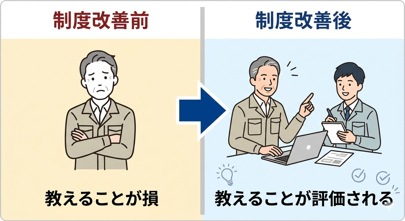 評価制度改善後に組織の伝承文化が変わる様子を示す比較図