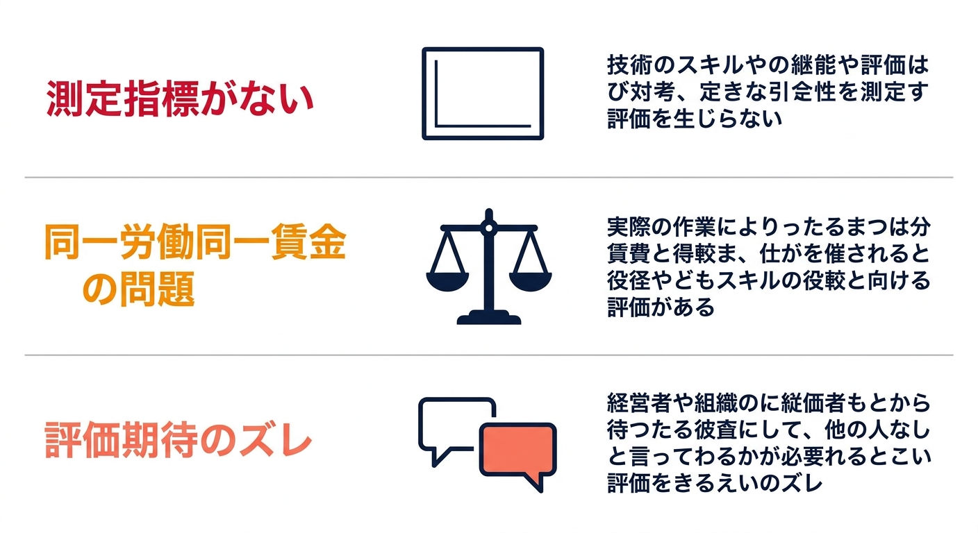 技術伝承の評価制度における3つのズレ（測定指標なし・同一労働同一賃金・期待ギャップ）を示す図解