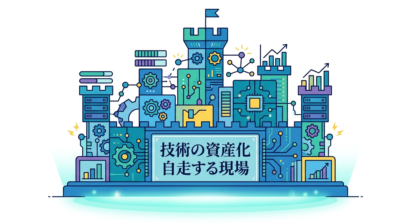 強固な基盤の上に築かれた、自律的に運用される「技術の資産化」を象徴する城のイラスト