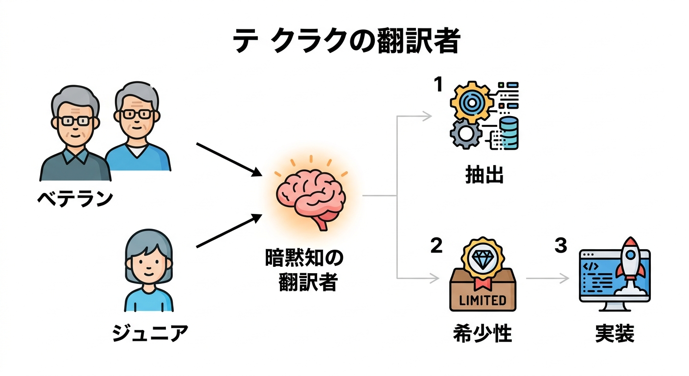 ベテランと若手の橋渡し役となる「暗黙知の翻訳者」の役割と、抽出・希少性・実装の3原則を示す概念図