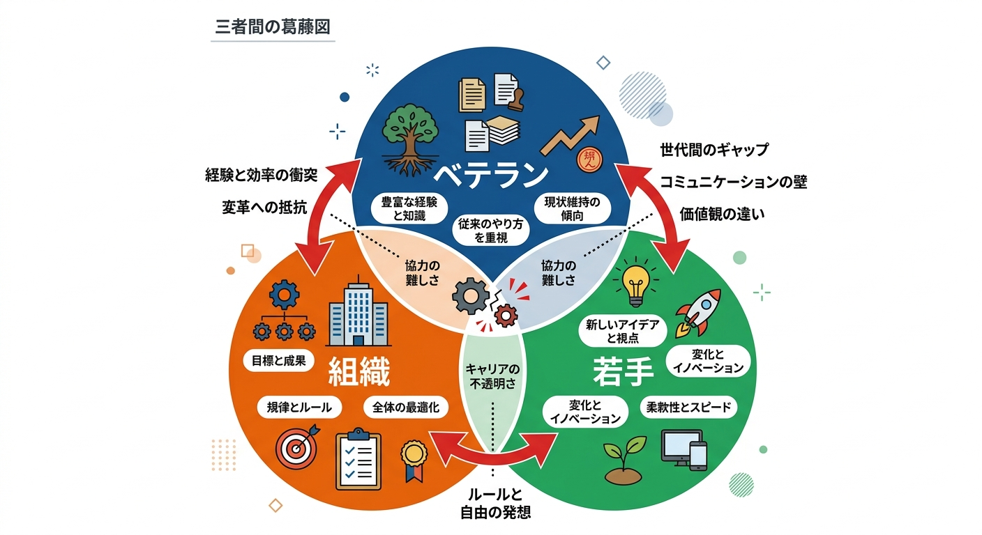 ベテラン・組織・若手の3つの論理の衝突を示す図解