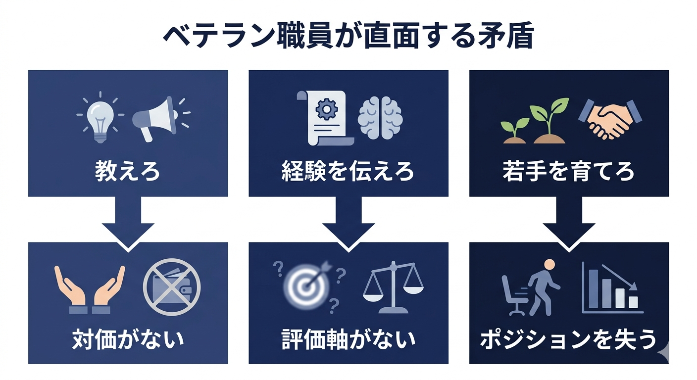 ベテランが感じる指導業務における3つの矛盾（対価なし・評価軸なし・ポジション喪失）を示す構造図