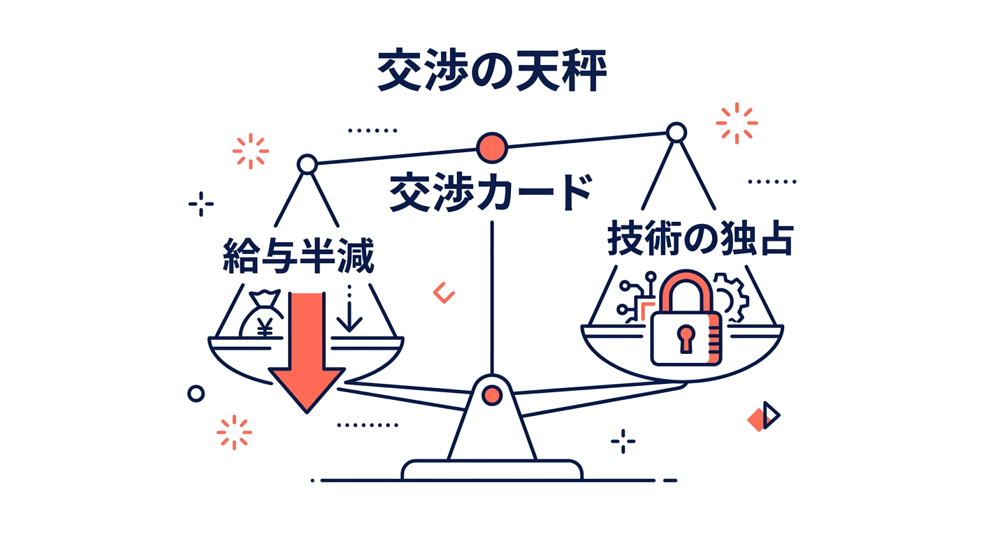 再雇用時の給与半減とベテランの交渉カード（技術のブラックボックス化）を示す図解