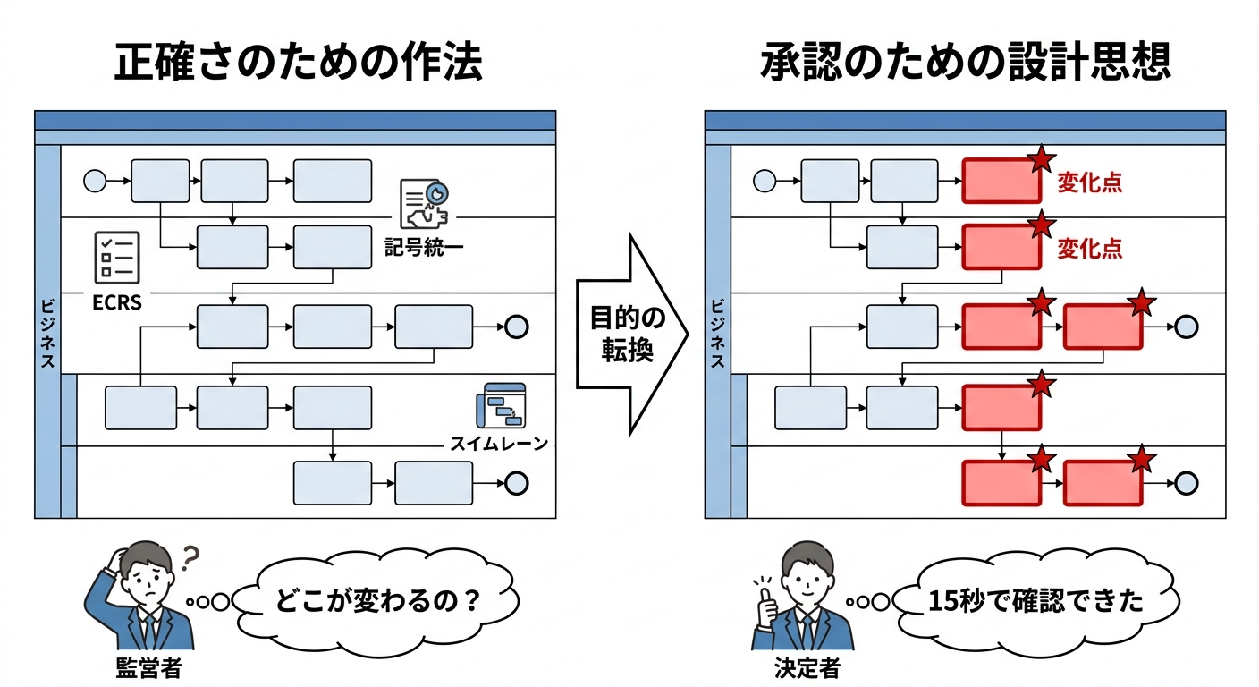 「正確さのための作法」と「承認のための設計思想」が目的として別物であることを示す2カラム対比図