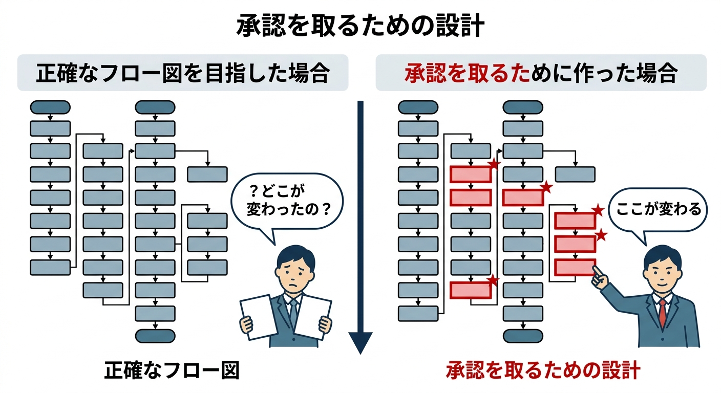 「正確なフロー図」と「承認を取るためのフロー図」の目的の違いを示す対比図