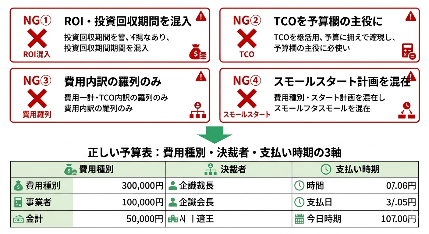 「必要な予算」欄でよくある4つのNGパターン：ROI混在・TCO主役・費用羅列・スモールスタート混在