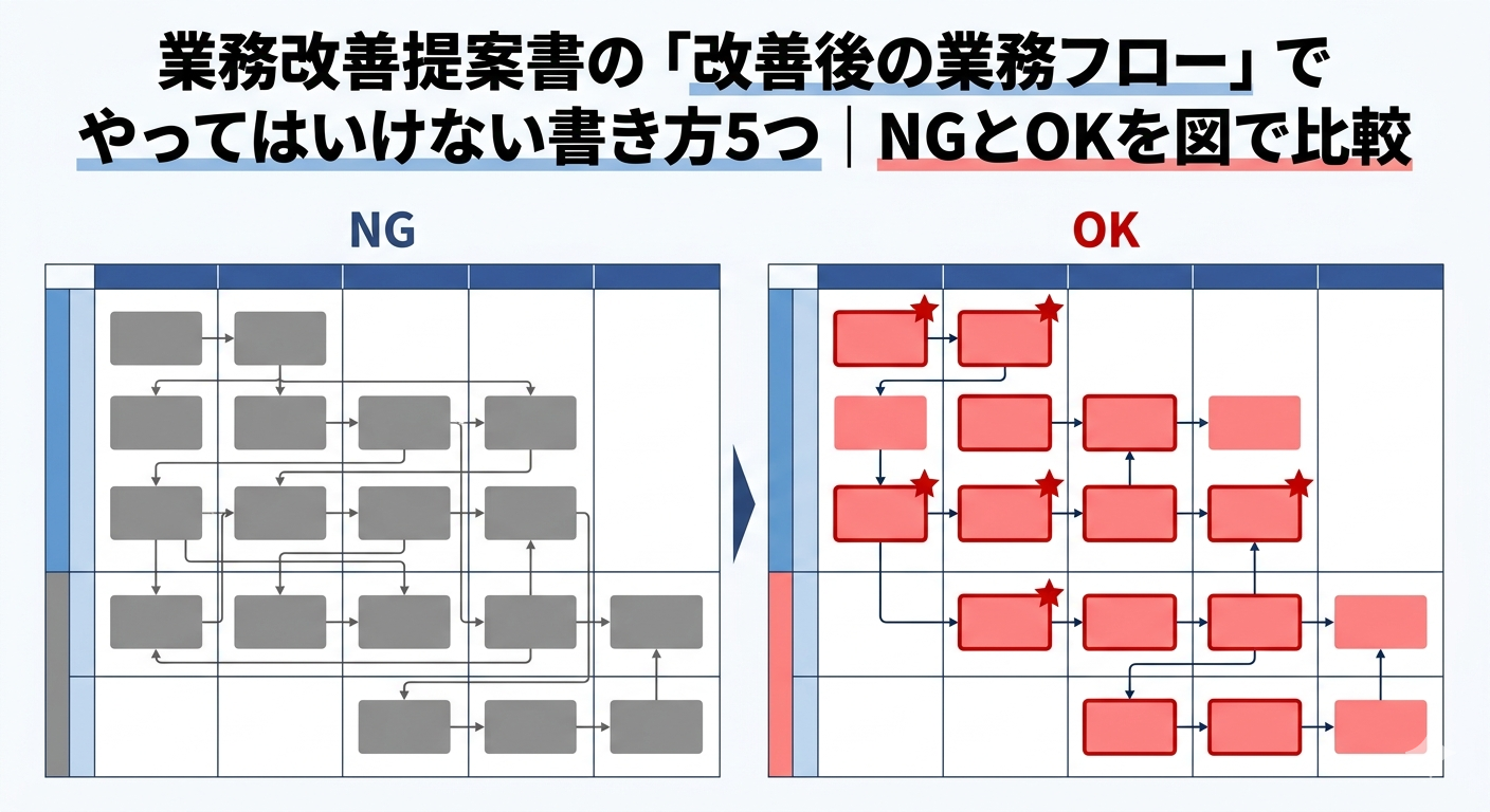 業務改善提案書の改善後業務フローのNG書き方5つとOK対比を示すタイトルカード
