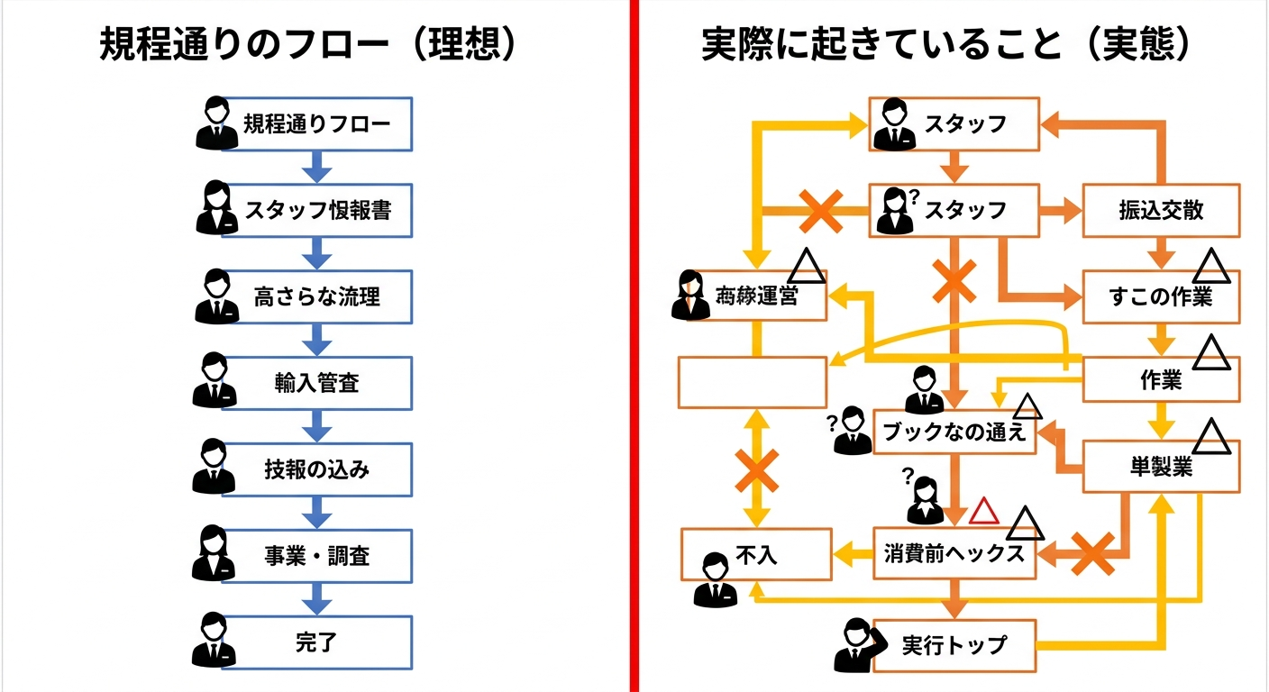 規程通りの理想フローと実態フローの乖離を示す比較図。左側に綺麗な一本線の理想フロー、右側に複数ルートに分散する実態フローを対比