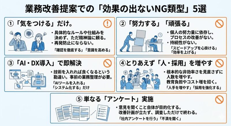業務改善提案書で書きがちな5つのNG解決策パターンの比較インフォグラフィック