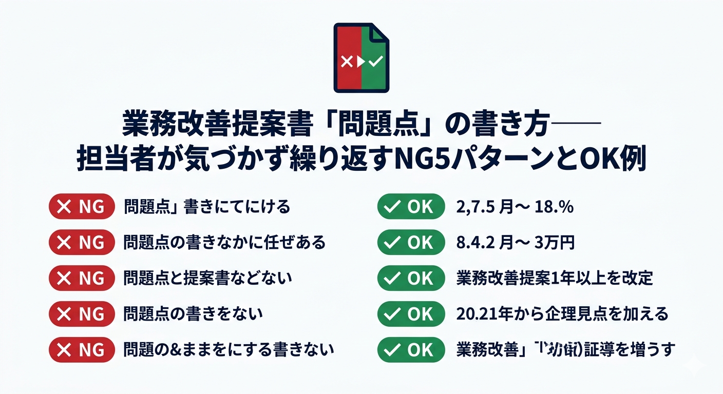 業務改善提案書「問題点」の書き方NG5パターンとOK例を対比で示すアイキャッチ画像