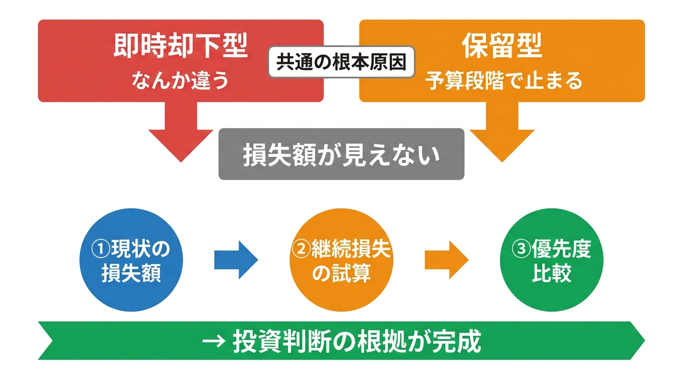 業務改善提案書「問題点」が却下される2パターンと決裁者が求める3点の判断基準図