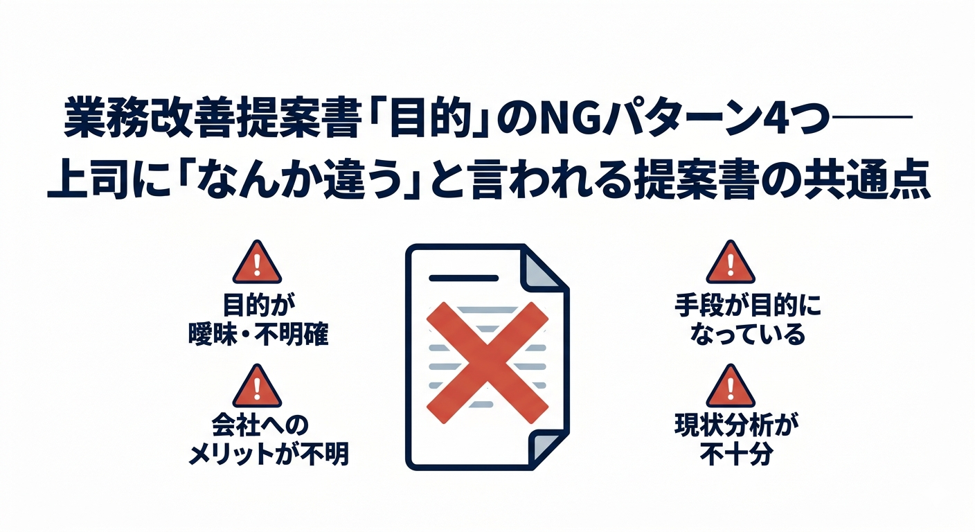 業務改善提案書の目的欄が「なんか違う」と差し戻される4つのNGパターンを解説する記事のアイキャッチ画像