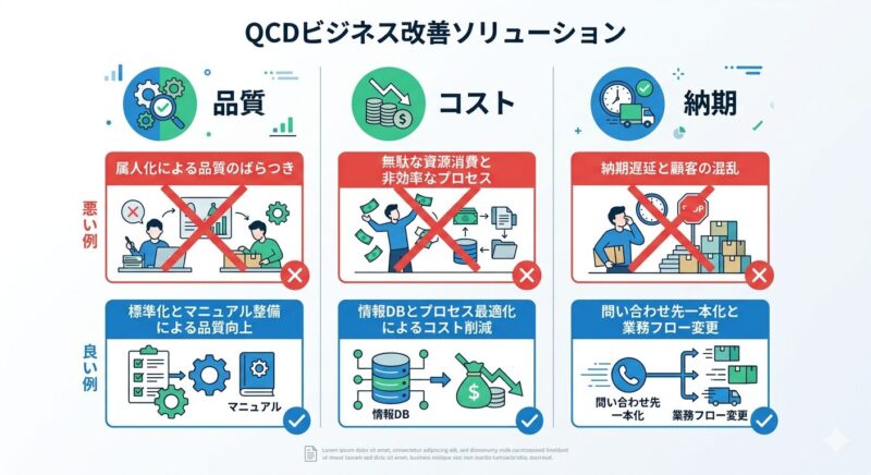品質・コスト・納期の3課題に対応した仕組みとしての解決策の実例対比図