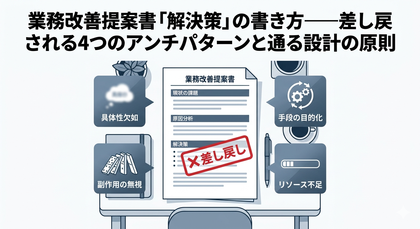 業務改善提案書の「解決策」が差し戻される4つのアンチパターンを解説するアイキャッチ画像