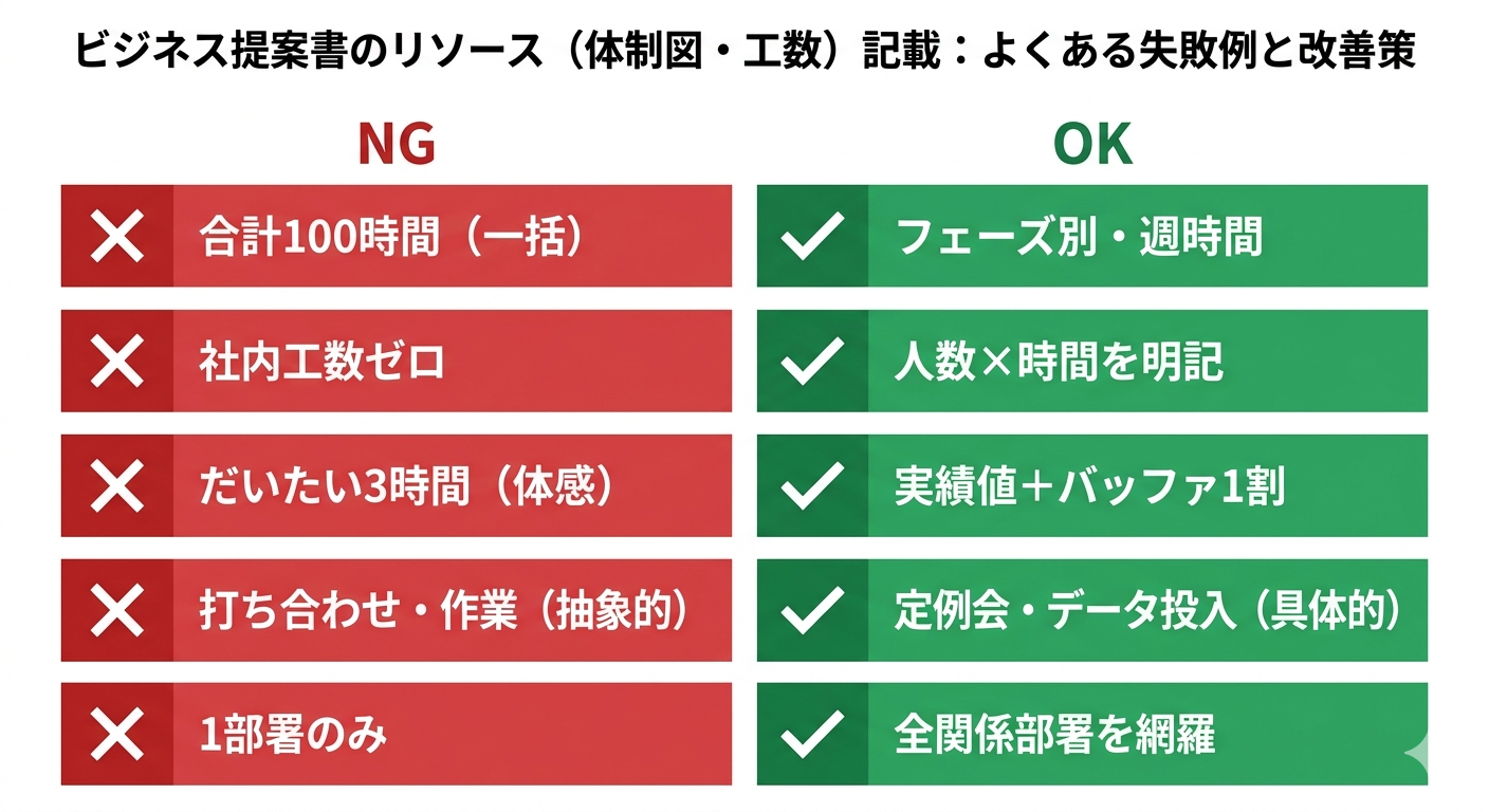 業務改善提案書リソース欄の5つのNGパターン——合計時間・工数ゼロ・根拠なし・抽象的作業内容・部署漏れのNG→OK対比