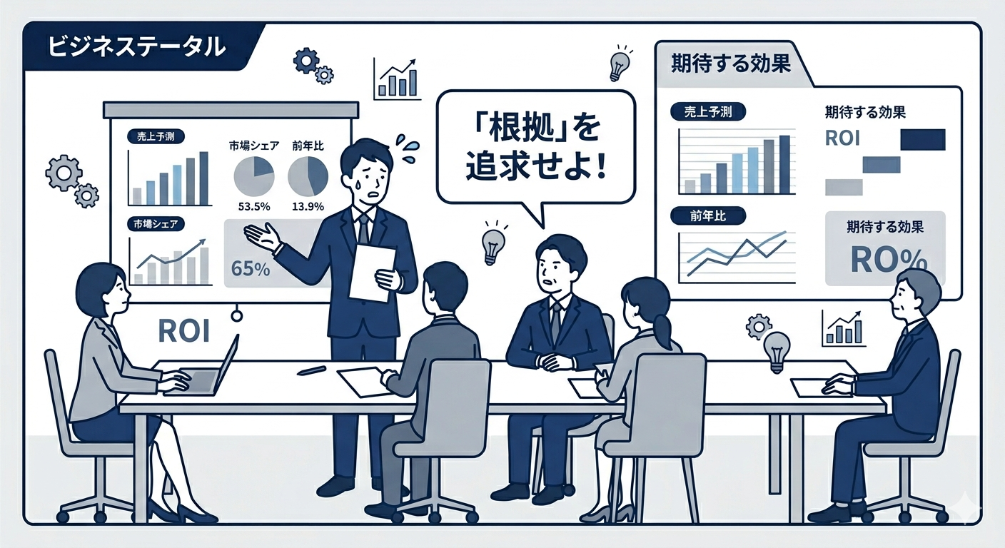 ROIを計算した提案書が決裁会議で承認されなかった場面のイメージ