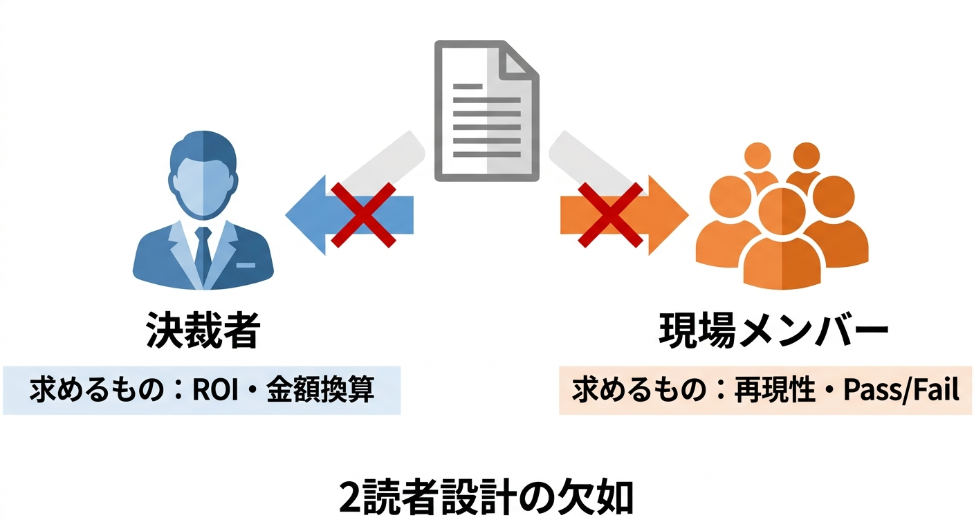 2読者設計の欠如を示す図解。決裁者（ROI）と現場（再現性）の2つの読み手に対応できていない1枚報告書の構造
